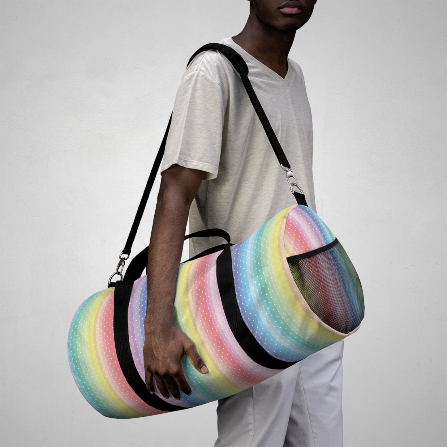 Man Carrying Colorful Striped Duffle Bag